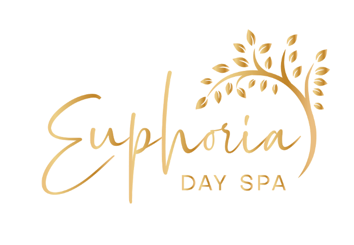 Logo for Euphoria Day Spa featuring the word 'Euphoria' in a cursive gold font, accompanied by a stylized tree with leaves, also in gold, next to the text 'DAY SPA'.