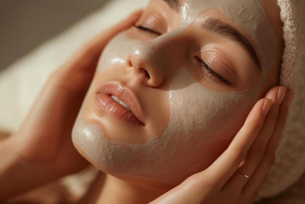 A woman with a facial mask relaxing with her eyes closed. She is gently holding her face with both hands. The scene features soft lighting, and the woman has a towel wrapped around her head, indicating a spa or skincare treatment environment.