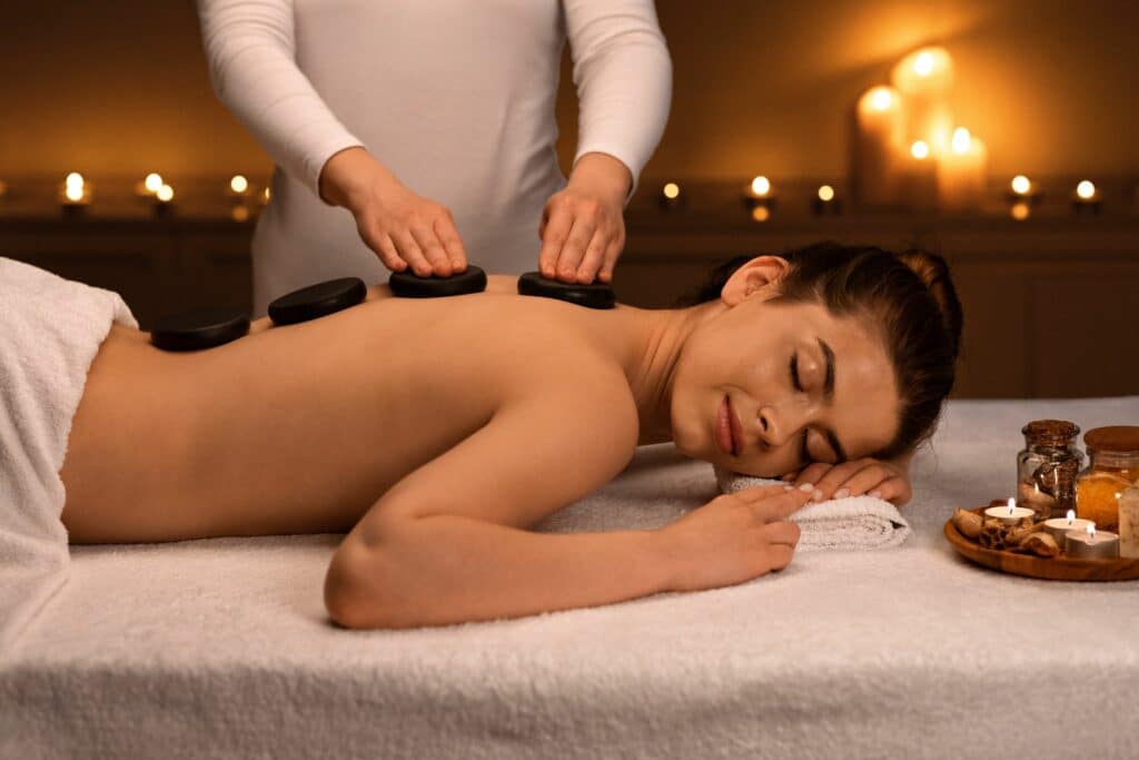 A woman lies face down on a massage table while a therapist places hot stones along her back, with candles and small jars on a tray in the background.